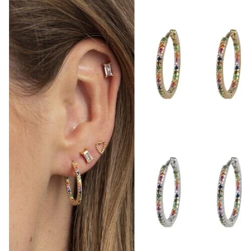 Crmya Multicolor Zircon CZ 925 Sterling Silver Gold Filled Inside Out Hoop Earrings For Women Round Circle Earrings Jewelry