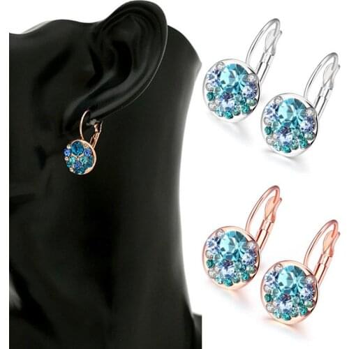 Earrings Sale Round Stone Golden Allergy Free 1Pair Women Korean Blue Drop Shipping Simple Girls Zircon Crystal