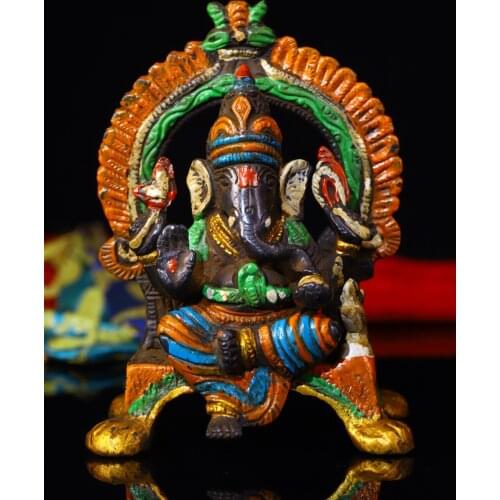 5"Tibet temple Old Bronze Tracing Elephant Trunk God of Wealth Back light Sitting Buddha Enshrine the Buddha