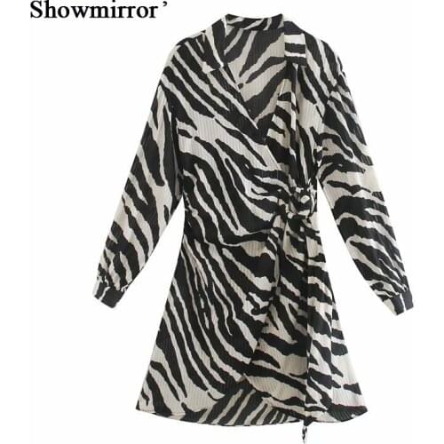 Showmirror Zebra Print Long Sleeve Ruffled Collar Lace Up Mini Dress Women Sexy Backless Party Autumn Fashion Streetwear