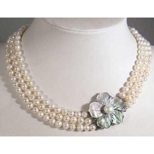 Jewelry Pearl Necklace 3 Rows 7-8mm White Akoya Pearl Necklace Shell Clasp