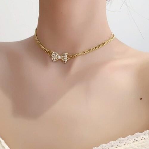 VSnow Summer sweet Double layer pearl bowknot chokers necklace for women Fairy rhinestone chain necklace jewelry accessories