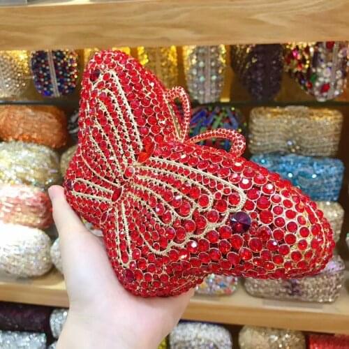 Women butterfly Crystal Evening Clutches woman Rhinestones Bridal Purses Wedding Prom Box Clutch Bag Handbags crossbody bags red