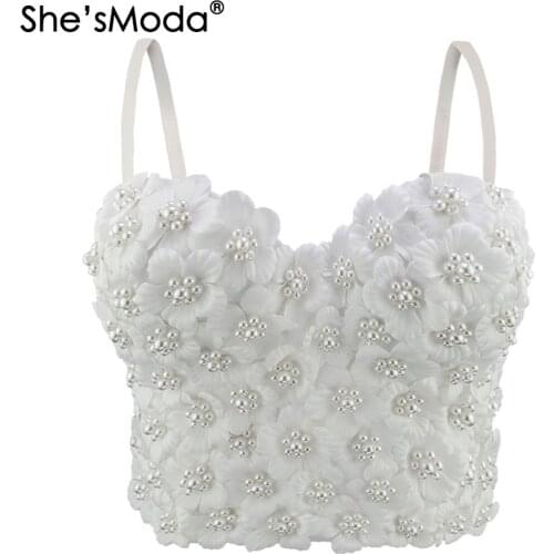 ShesModa 2020 Applique Floral Pearls Bustier Push Up Night Club Bralette Womens Bra Cropped Top Vest Corset Plus Size