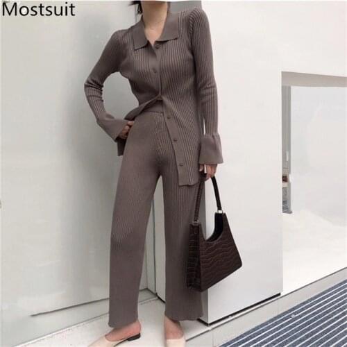 2021 Spring Knitted Two Piece Pants Set Women Single-breasted Tops + Wide Leg Pants Suits Solid Fashion Female Matching Set