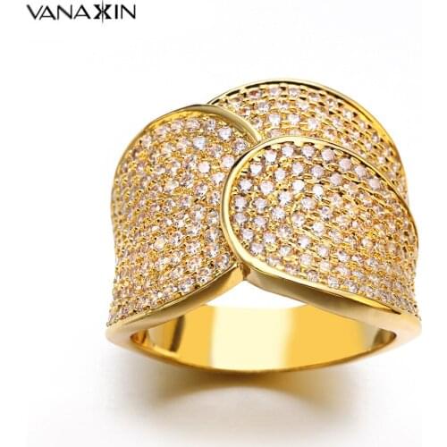 VANAXIN Trendy AAA Round Cubic Zircon Brass Jewellery Leaf Wide Ring Women Gold Color Rings Accept Dropshipping