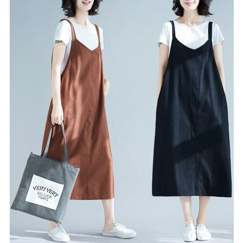2021 Spring & Summer New Strap Dress Korean Loose Simple Soldi Color Casual Temperament Women Two-piece Long Dress Free Shipping