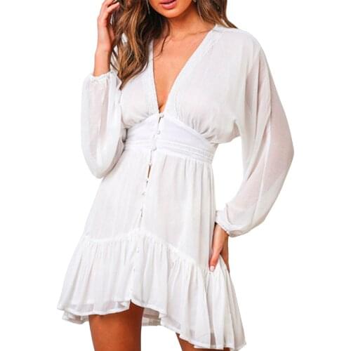Women Chiffon Lace Trim Dress Elegant Buttons Solid Lantern Sleeve V-neck Dress See-through Vestido de mujer femme Sundress