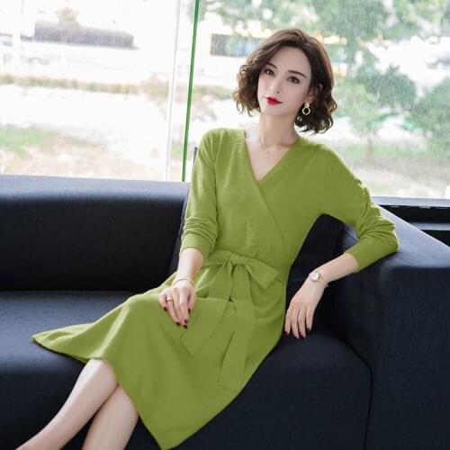 Women Sweater Dress Autumn Winter 2019 Lady Solid Knit Dress Long Sweater With Belt