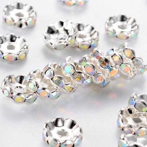 10mm Clear Rondelle Brass Rhinestone Spacer Bijoux Loose Jewelry Beads Silver Color for Jewelry Making hole:1.5mm