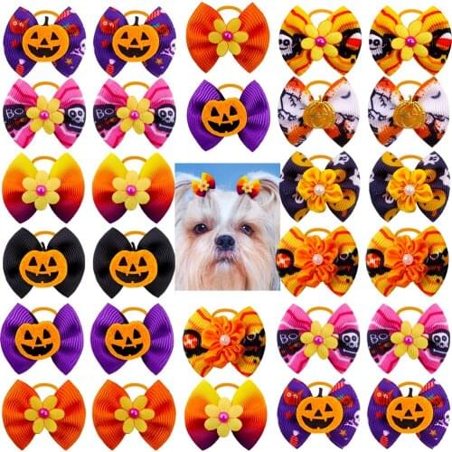 10 Pcs Pet Dog Hair Grooming Halloween Design Puppy Dog Cat Hair Bows Rubber Bands Handmade Cute Pet Accessories Dog Supplier