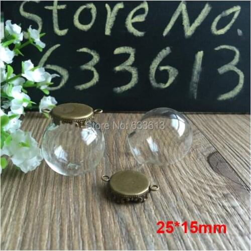 100sets/lot 25*15mm Glass Globe two loop bronze Crown Pendant Locket Charm wide opening glass Bottle, glass vials pendeants