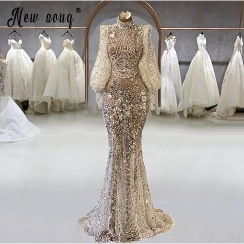 Shiny Ivory High Neck Sequins Mermaid Evening Dresses Long Sleeves Illusion Evening Gowns Wedding Party Gown Robe De Soiree