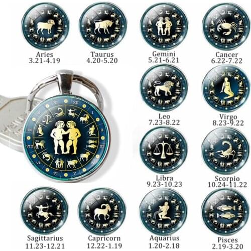 Keyring Keychain 12 Constellation Key Chains Zodiac Signs Glass Cabochon Car Keyholder Man Woman Gift