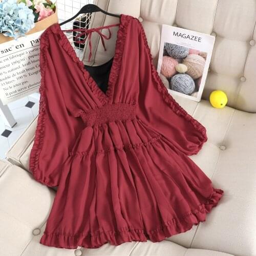 Elegant Women V-neck Lantern Sleeve Pleated Ruffles Ball Gown Chiffon Cake Dress Vintage Sexy Elastic Slim Pullover Midi Dress