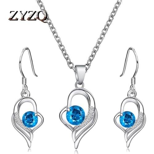 ZYZQ Temperament Bridal Jewelry Set Blue Crystal Heart-Shaped Necklace Earrings Set Engagement Jewelry Accessories