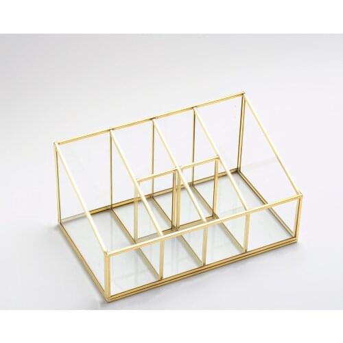 İskandinav Gold Brass Brass 6 Compartments Makeup Box Organizer Pen Holder 25x15x12/7 Cm