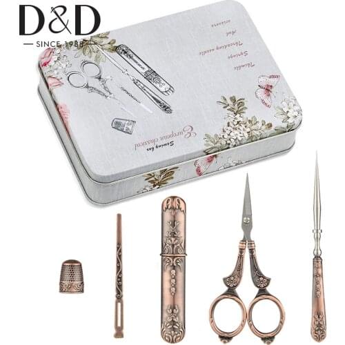 5pcs/set Exquisite Vintage Scissors Set Sewing Scissor Awl Threader Thimble Needle Storage Case Sewing Kit DIY Embroidery Tool