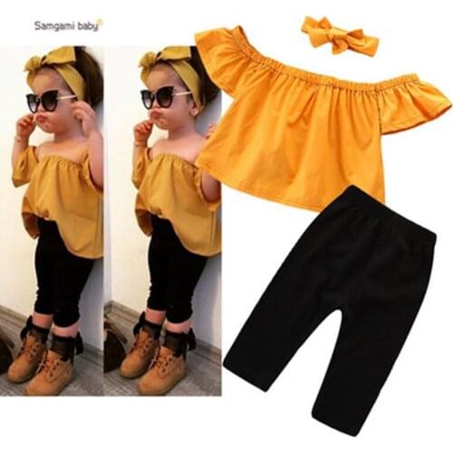 New Toddler Kids Baby Girls Clothes Casual Girl Clothes Suit Off Shoulder Tops+Pants+Headband Set 3pcs Outfits 1 2 3 4 5 6 Years