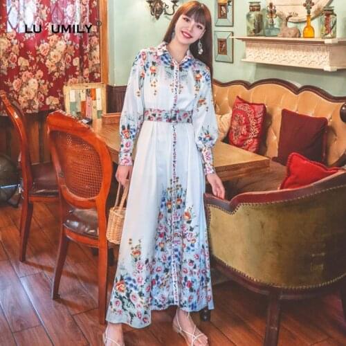 Lusumily Floral Print Dresses Women Turn Down Collar with Belt Flower Single Breasted Casual High Waist A Line Loose Slim Dress