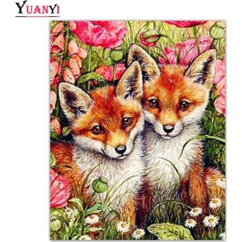 Full diamond Painting "Two foxes & flowers" Resin Drill Embroidery 5D Diy Diamond Painting Handmade Cross Stitch gift