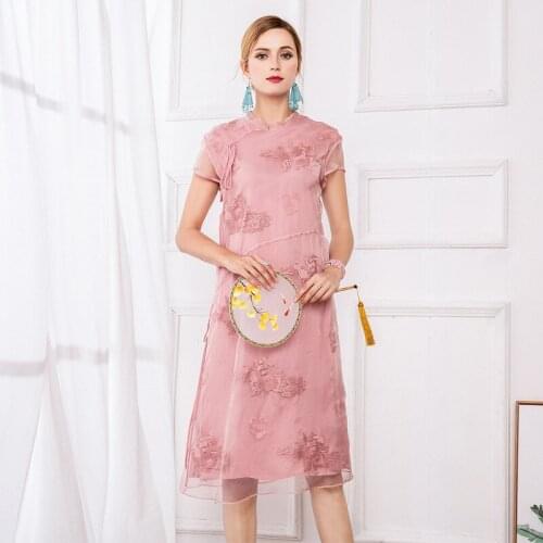 Christmas silk floral dress womens clothes femme summer long sexy retro beach casual slim dresses plus size summer pink organza