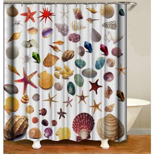 Shower Curtain Shell Starfish Conch Pattern Bath Accessories with 12 Hooks Waterproof Polyester Fabric Bathroom Decor