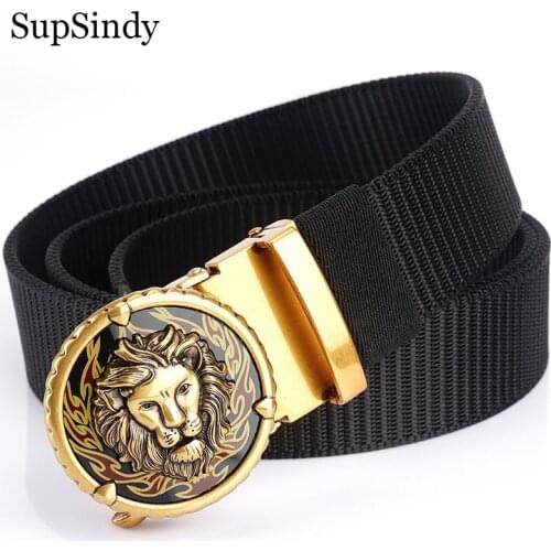 SupSindy Mans nylon belt luxury gold Lions metal automatic buckle Canvas Belts for men fashion jeans Waistband black male strap