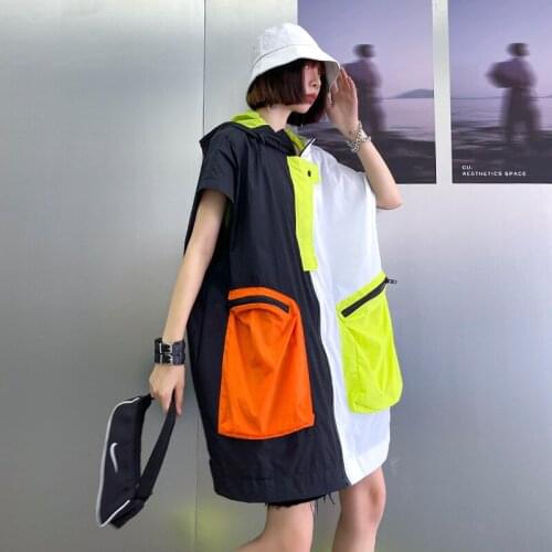 Sun protection shirt women summer light thin breathable UV protection personality big pockets contrast color casual trench