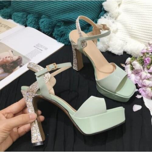 2021 new style sandals leather thick high-heeled waterproof platform sequins word with fish mouth womens shoes temperament 12cm