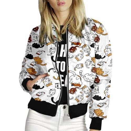 Harajuku Womens Casual Jackets Kawaii Cute Cartoon Cats Print Zipper Fly Jackets With Pockets Streetwear sobretudo feminino