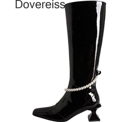 Dovereiss Fashion Womens Shoes Winter Sexy Genuine Leather Square Toe New Zipper Strange Style Heels Knee High Boots 40