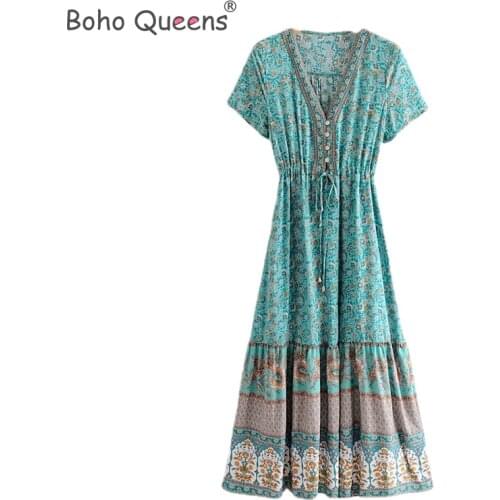 Boho Queens vintage Floral print sashes beach Robe Bohemian maxi dress Ladies cross V neck happie dress vestidos