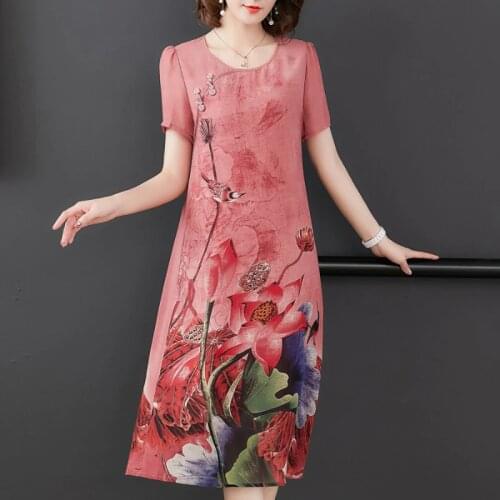 L-5XL Puls size Imitate silk dress female summer new retro print Slim short-sleeved dresses elegant and comfortable vestidos