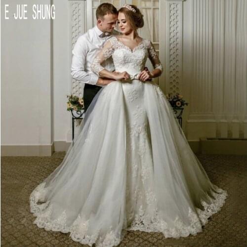 E JUE SHUNG Detachable Skirt Wedding Dresses V Neck 3/4 Long Sleeve Lace Appliques with Bow Dubai vestido de noiva Bridal Gowns