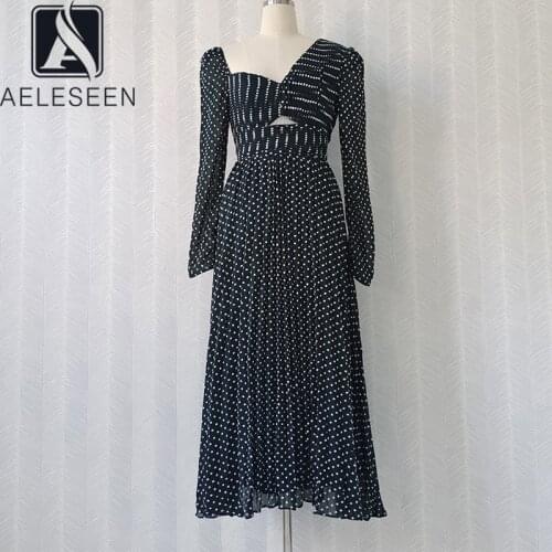 AELESEEN Vintage Women Spring Autumn Green Dress Long Sleeve Sexy Hollow Out Dots Embroidery Elegant Party Pleated Dress