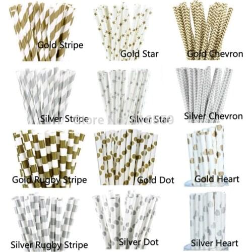 25pcs/lot Metallic Gold Silver Paper Straws For Birthday Wedding Baby Shower Decorative Creative Drinking Straws Supplies