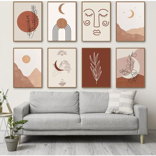 Abstract Girl Face Leaf Sun Moon Mountain Nordic Posters And Prints Wall Art Canvas Painting Wall Pictures For Living Room Decor