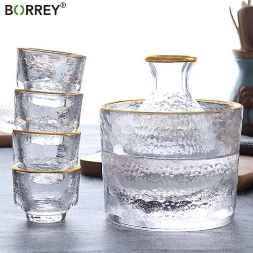 BORREY Japanese Sake Set Glass Tracing Gold Wine Flasks Wine Glass Decanter Wine Set Ice Jug Flagon Liquor Spirits Shochu Cups