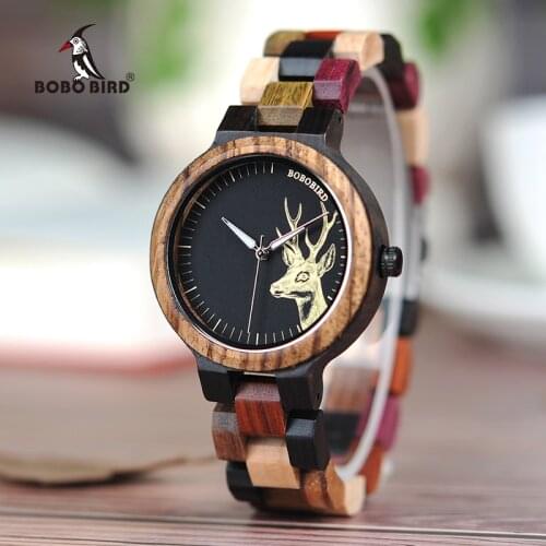 BOBO BIRD V-P14 Lovers Wood Watches Colorful Wood Band Dear Head Watch Dial Men Women Quartz Watches Timepiece with Gift Box