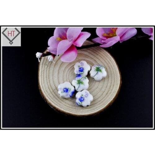 10pcs Flower Handmade Printed Porcelain Ceramic Beads 15mm For DIY Jewelry Making Flat Blue Flower Hole: 3mm