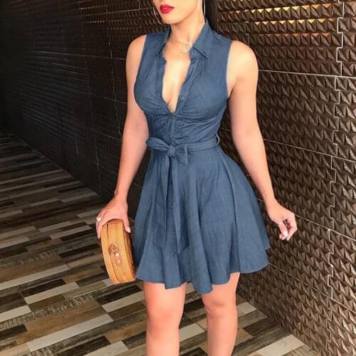 Hirigin Newest Fashion Wear Take Polyester Fashion Women Sleeveless Denim Blue Dress Belted Party Cocktail Short Mini Dress