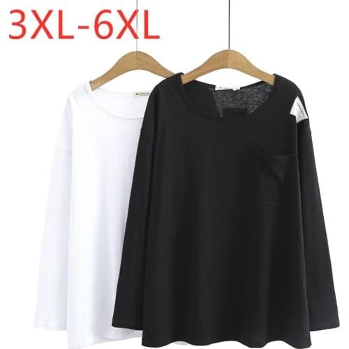 New 2021 Ladies Spring Autumn Plus Size Tops For Women Large Long Sleeve Loose Cotton Black White Pocket T-shirt 3XL 4XL 5XL 6XL