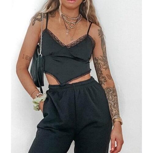 Hirigin Women Crop Top Sexy Summer Halter Bandage Open Back Camisoles Ladies Fashion Street Satin Lace Trim V Neck Vest Female