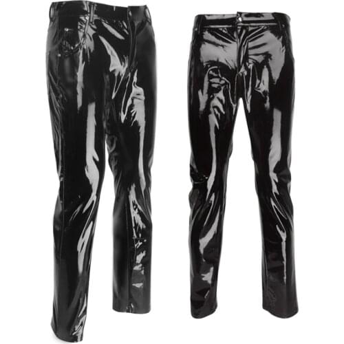 Mens Lingerie Wetlook Slim Fit Shiny Patent PVC Leather Nightclub Party Tight Pants Leggings Trousers with Open Penis Hole