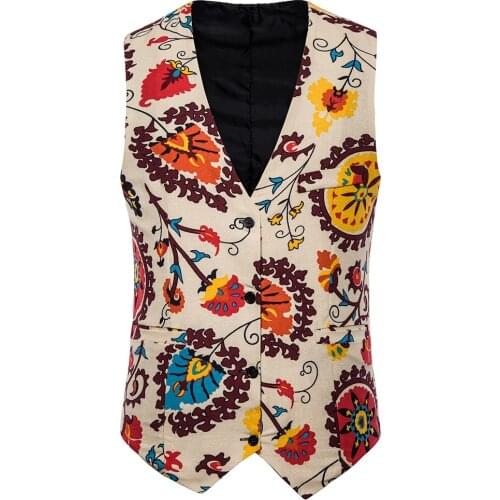 Men Print Vest National Style Double Button Waistcoat Slim Fit Party Wedding Dinner Clothes Party Prom Wedding Dance Plus Size