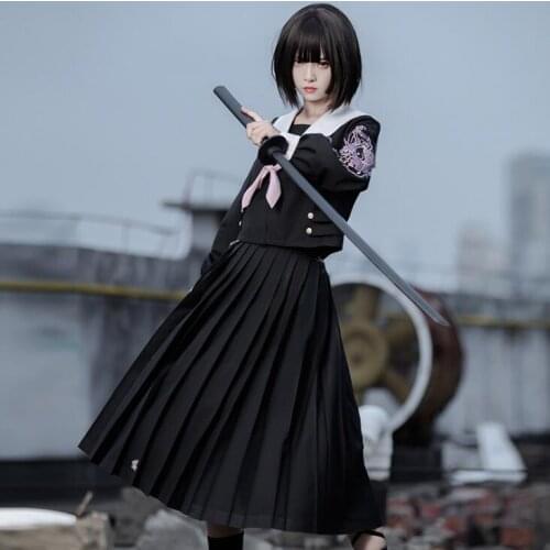 Falling Sakura Original Design Cool Japanese Womens JK Uniform: Long Sleeves Sailor Collar Blouse Shirt + Pleated Skirt&Chain