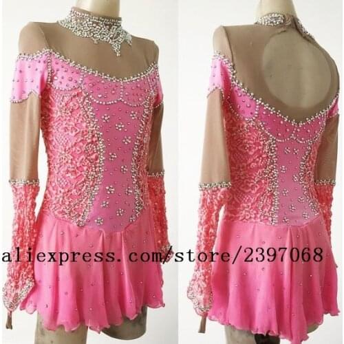 Ice Skating Dresses Women Competition Figure Skating Clothes Pink Girls Ice Figure Skating Clothing 2017 Free Shipping F34