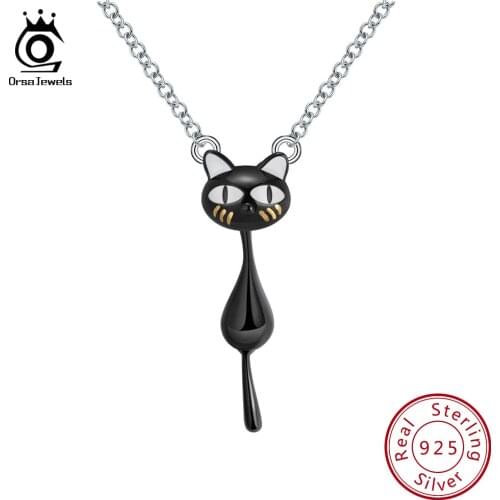 ORSA JEWELS Real 925 Sterling Silver Women Necklaces Original Hanging Black Cat Addict Tail Can Move Pendant Girl Jewelry SN101