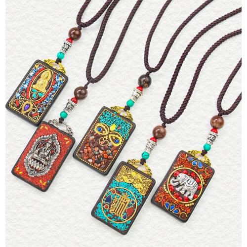 Retro Ebony Amulet Necklace Car Pendant Nepal Ethnic Style Sweater Chain Fortune Tree Elephant Thangka Home Decoration Pendant